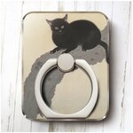 スマホリング【 菱田春草 黒き猫図 筆】iPhone11 iPhoneXR iPadPro Android 手鏡 絵画 iPhoneSE2 名画