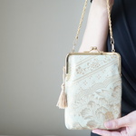 【ミントグリーン＆ゴールドシルク帯　スマホケース、がま口ミニバック】スマホポーチ、帯リメイク。　 結婚式、パーティーに。