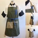 一点もの❗️メンズオシャレエプロン❤️バイカラーの前ダブルポケット付エプロン カーキ×ベージュ（メンズサイズL〜LL）