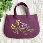 リネン刺繍ポーチ　パープル鳥