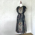 和柄・縞絣大和花文様 ワンピース✴︎紺グレー
