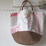 yama...様ご注文品フランス*アンティーク*リネン*パッチワーク*ウール手編み*かごバッグ大き目