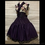 1点物*和柄 着物風ラップワンピース ジャンパースカート 編み上げリボン★桜×金彩×紫×黒レース(即納品)