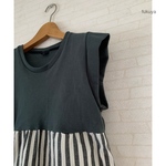モスグリーンニットとストライプのフレンチスリーブTシャツプルオーバー