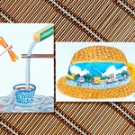 暑中見舞いはがき「流しそうめん」「麦わら帽子」