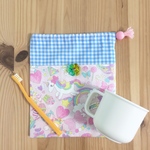 コップ袋 ユニコーン&ギンガムチェック 水色ピンク 巾着 小物入れ B