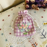 ガーゼハート型刺繍巾着ポーチ03（パープルチェック・花畑）＊送料無料＊