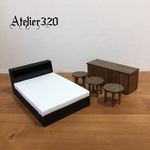 my4222yy様専用 カウンターテーブル&丸イス(3脚)、棚付きダブルベッド 1/12サイズ  ミニチュア家具  ドールハウス  