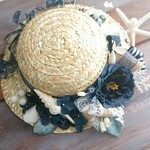atelier lulu*様専用ページ(25cm)＊麦わらリムのデニムフラワー＆シェル(ストローハット)＊シェルリース・フラワーリース・麦わら帽子リース
