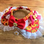 犬・猫の首輪　27～30　ocochanリボンチョーカー　赤・ひまわり柄・お花モチーフ・ドット