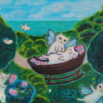 原画 「ゆりかご」 F8号 ＃猫の絵 ＃ねこ ＃天使猫 ＃ネコ ＃海 ＃白黒猫 ＃小鳥 ＃絵画 ＃art ＃通販 ＃アート