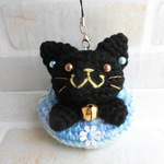 ぷかぷかうきわ猫ストラップ【黒猫・水色マーブル＆ミント】