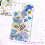 押し花iphoneケース＊エレガントブルー＊スマホケース&スマホリング 名入れ可能  ラメ・ホロ・スワロフスキー無料 [受注製作]