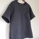 メンズ  リネンTシャツ  ストライプリネン  チャコールグレー