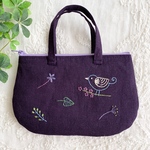 刺繍ポーチ　小鳥と小花ダークパープル