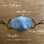 【ブルーグレー】ゴム紐調整＆ノーズワイヤー＆フィルターポケット付き、リネン×Wガーゼの大人用サイズの立体マスク （表側白100%リネン×内側白ダブルガーゼ）