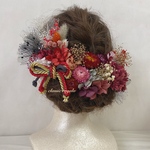 【mamu様 専用出品】セミオーダー red mix orange pink gold tulle ribbon ヘッドドレス 成人式 卒業式 髪飾り