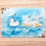 🐤「アヒルの親子」水彩画イラストポストカード２枚セット　あひる　鳥　暑中見舞い　暑中見舞いハガキ　残暑見舞い　夏　父の日🐤