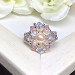 《再販》マーメイドの指輪〜Violet〜【スワロフスキーパールとジルコニアのリング、ビーズアクセサリー／紫】