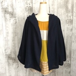 春秋ネイビーニットワッフルメッシュフード付きハーフカーディガン