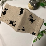 コットンリネン＆ダブルガーゼ（エバークール加工）☆箱型マスク☆ハチワレ猫ちゃん柄☆ナチュラル