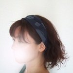 6月新作*フリードット　紺地*グレー水玉　コットンリネンのゆるターバン　大人ナチュラルな風合い**　ヘアバンド