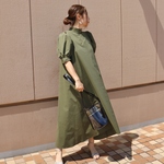 バックリボンが可愛い♪ ロング丈パフスリーブ コットンワンピース：カーキ【FREE】K5001 685440