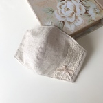 夏用 💓 コットンリネンベージュと接触冷感クールローレル/スカイコット  で作ったライトな立体マスク  幅広オーガニックコットンレースアイボリー&ベージュサテンリボン付き  ポケットタイプ