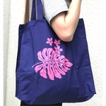 【限定商品】ハワイ柄エコバッグ マチ付/ネイビー×ピンク/ハワイアン/折りたたみ/プルメリア×モンステラ【即納】