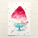 🍧透明水彩画「かき氷食べよ♪」イラストポストカード２枚セット　うさぎ　ウサギ　暑中見舞い　暑中見舞いハガキ　残暑見舞い　母の日　父の日🍧