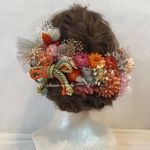 【mochimo0様　専用出品】セミオーダー orange pink green gold tulle ribbon ヘッドドレス 成人式 卒業式 髪飾り