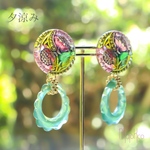 「 夕涼み 」イヤリング/ピアス *チェコガラスボタン・ひまわり・向日葵・花・夏・ガラス・グリーン*