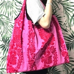【限定商品】ハワイ柄エコバッグ/レッド×ピンク/ハワイアン/折りたたみ/プルメリア/コンパクト/ポケット【即納】