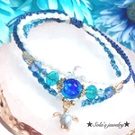 暗闇で光るホタルガラス♡ミヤコブルーとホヌの3連Seaブレスレット