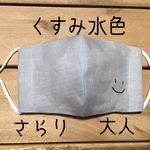 大人のくすみ水色リネン【smile】マスク　刺繍  ますく　リネン　夏マスク　てづくりマスク