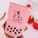 革のキーケース　猫タピオカいちごミルク
