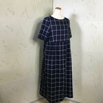 半袖ギャザーロング丈ワンピース　11号着丈125　紺×白チェック