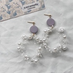 ＊パープルウッドビーズ×パールシャワーピアス