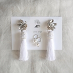 204.«3way»Leaf bijou × Pearl tassel ピアス✴イヤリング　　結婚式ウェディング大振り大ぶり白ホワイトパールビジュータッセルリーフ葉っぱウエディングブライダル人気お洒落