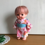 メルちゃん用浴衣＊オフホワイト花柄帯水色