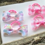 ★ゆめかわ★マカロン♡チェック♡ミニキッズリボンヘアゴム４点２セット（滑りにくいゴム）