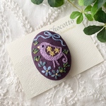 刺繍ブローチ　鳥とリボンパープル
