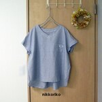Vネックプルブラウス　半そで　コットンリネン　ストライプ　ネイビー
