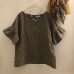 nonkan様専用　リネンブラウスLサイズ　フリル袖　ベルギーリネン・モカ