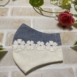 バイカラーマスク　ダンガリー×綿麻に花レースの立体マスク