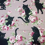 綿麻キャンバス生地｜110×50cm｜黒猫＆ローズ｜スモーキーピンク｜コットンリネン｜かわいい｜ねこプリント