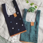 レザー　リネン　エコバッグ　少量サイズ　ブラック　水玉　刺繍