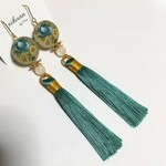 花柄　フラワー　ブルー　グリーン　タッセル　ピアス/イヤリング　ゴールド