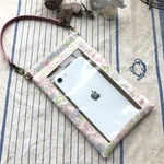 入れたまま操作OK‼️スマホポーチ　リバティ『Betsy』ピンク●裏側ポケット付き　革持ち手　ビニコ　リバティ×クリア　バネ口金　交通系ICカード　ポシェット