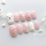 しろくまと花束のネイルチップ💐 / くまネイル しろくま フラワーネイル かわいい 春 透明感 シェル花 花束 ブーケ ピンク ブライダル ウェディング 卒業式 ネイル ニュアンス